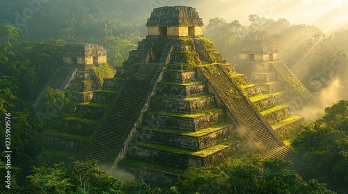 Majestic ancient Mayan pyramids emerging from misty rainforest at sunrise, surrounded by lush greenery and golden light