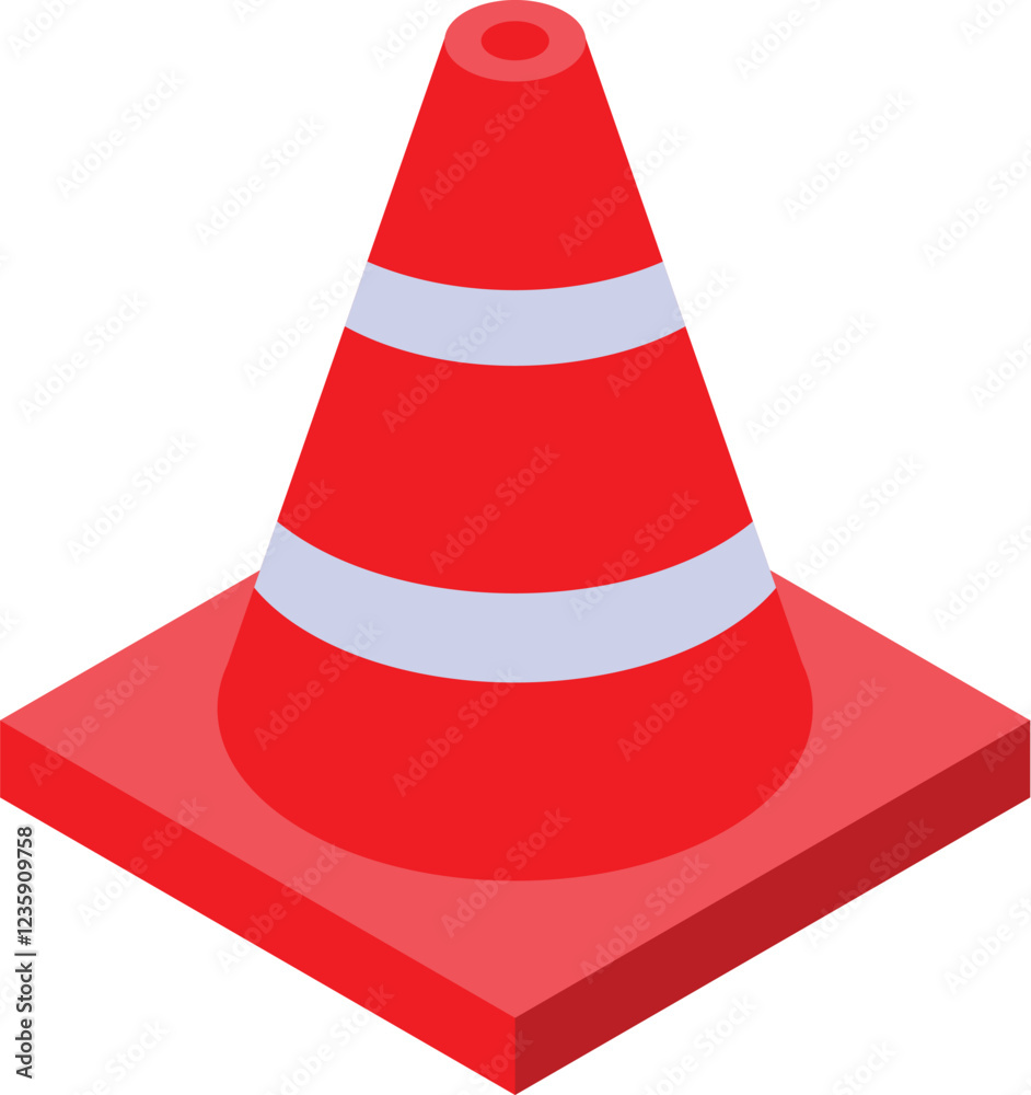 Red traffic cone with white stripes standing on a square base, providing an isometric perspective, useful for road safety and construction projects Red traffic cone with white stripes standing on a square base, providing an isometric perspective, useful for road safety and construction projects