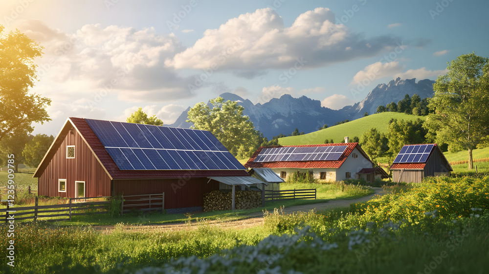 A scenic rural farm with solar panels mounted on the roofs of barns and houses, generating clean energy for sustainable farming practices, with nature all around.