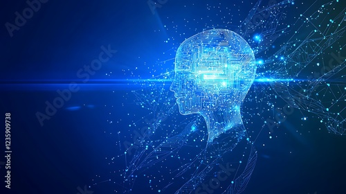 An artificial intelligence concept illustrated on a blue background with dynamic light effects, featuring a sleek and modern vector design. The image is editable and highlights the advanced 