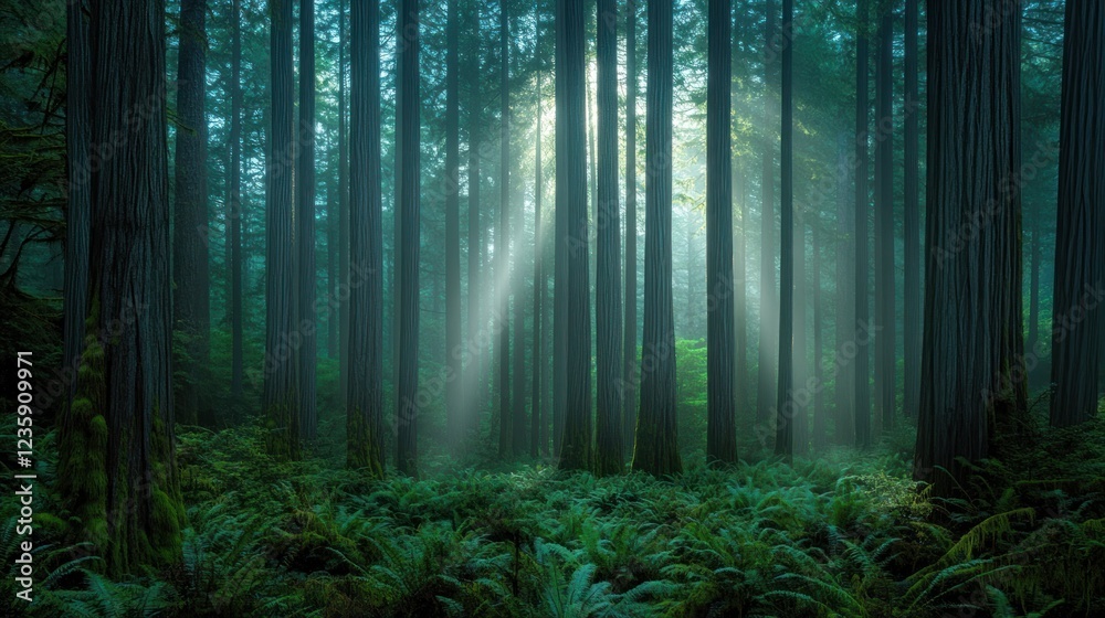 Obraz premium Sunlight Beams Through a Misty Redwood Forest
