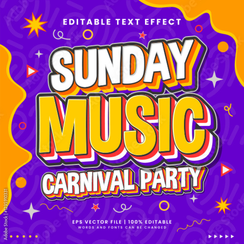 Sunday music carnival party text effect. Retro vintage editable text effect style