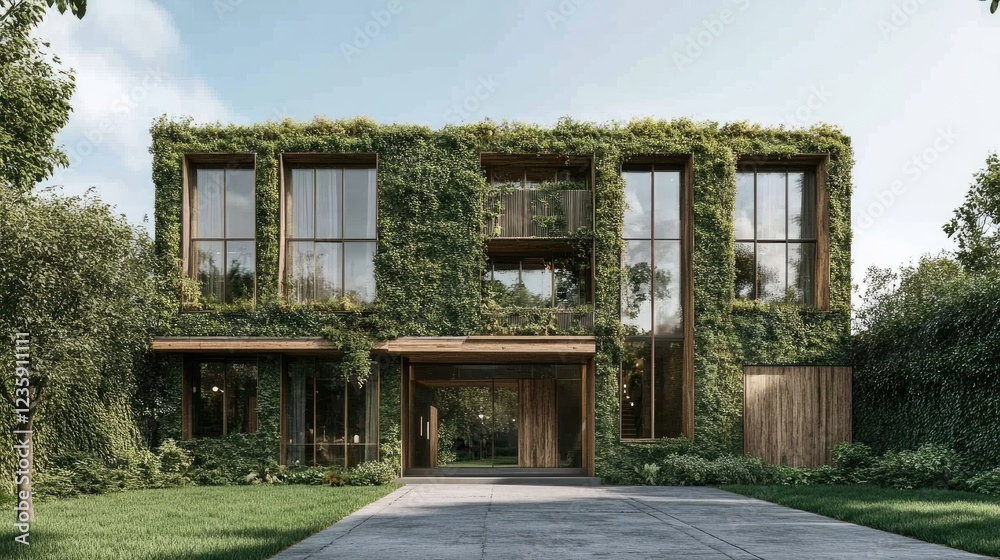 A house facade featuring a combination of reclaimed wood and green walls.