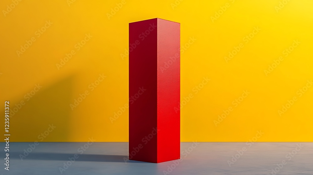 Red cube in yellow and gray room; geometric design; simple background; product display Red cube in yellow and gray room; geometric design; simple background; product display