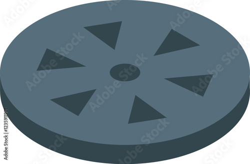 Isometric view of a circular manhole cover featuring triangular holes, indicating a potential hazard
