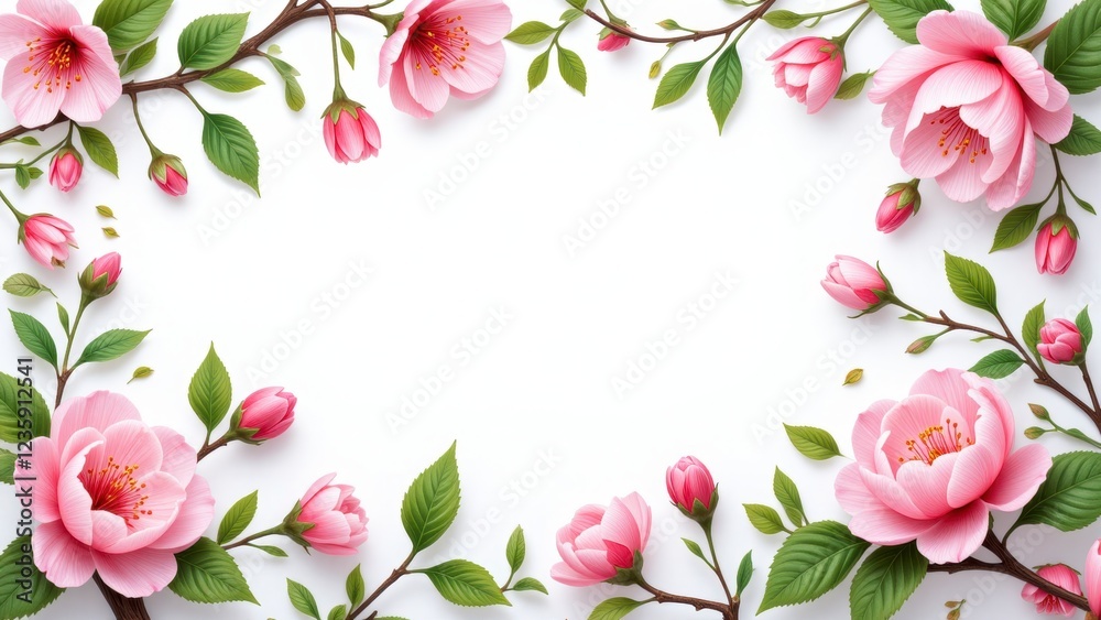 Fototapeta premium Delicate Pink Cherry Blossom Flowers Frame Spring Floral Border White Background