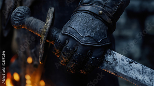 Heroic Knight Gripping Sword in Leather Gloves Close-Up with Dramatic Lighting photo