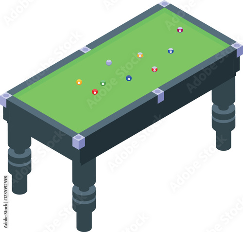 Isometric view of a billiard table with colorful balls arranged on its green surface, ready for a game