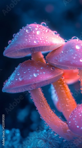 Glowing Pink Mushrooms Dew Drops Macro Photography