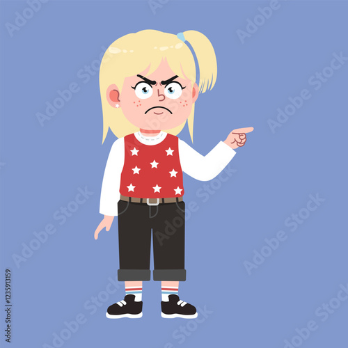 Cute American Girl with Blonde Hair Cartoon mad and blaming