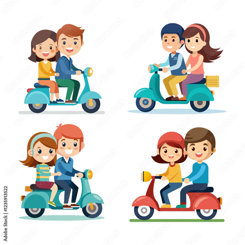 Cute Couple Riding Scooter Collection Vector Design Cute Couple Riding Scooter Collection Vector Design