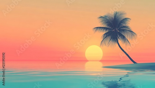 Serene Sunset Palm Tree Seascape Tropical Paradise