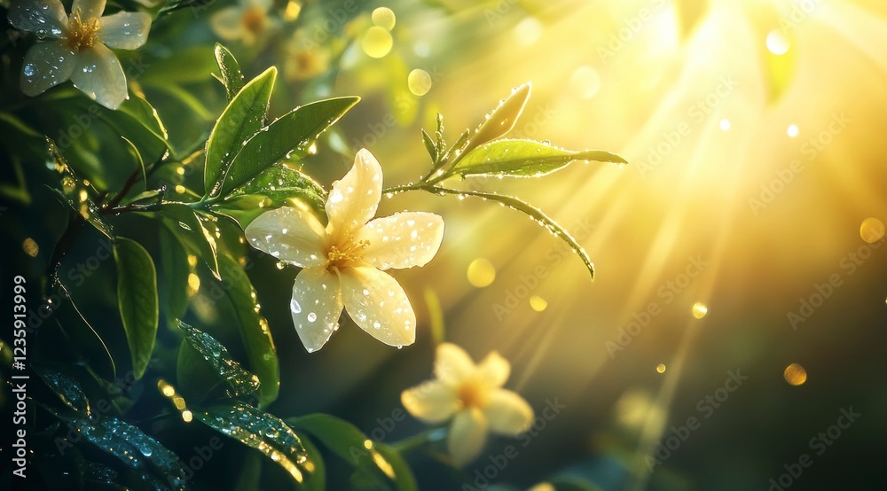 Fototapeta premium Radiant Dew-kissed Flowers in Sunlight Nature Photography