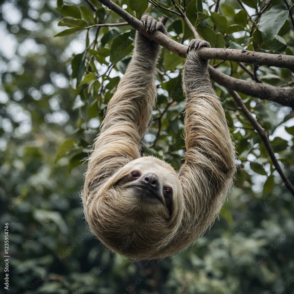 Fototapeta premium A graceful white sloth hanging from an invisible branch.