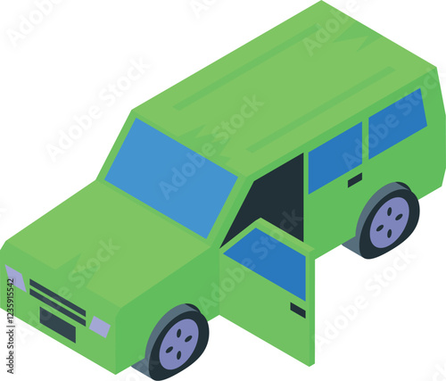 Green suv car with open door parking in isometric view, perfect for transportation and automobile related projects