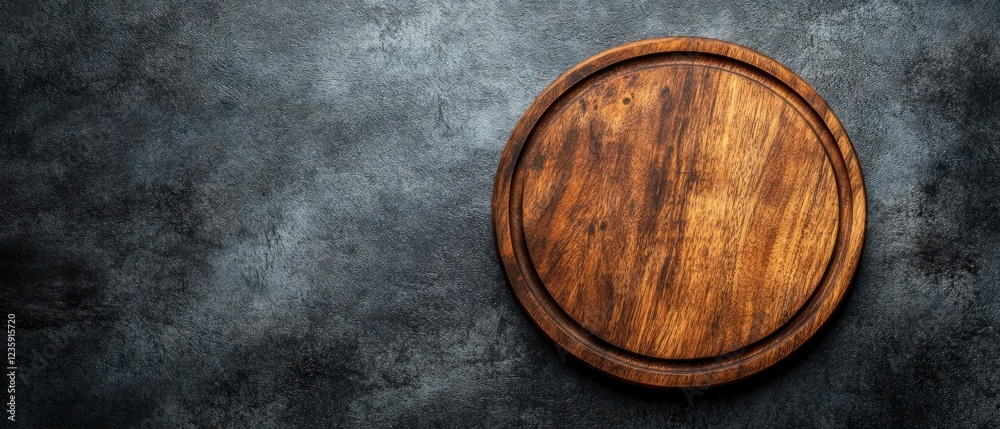 Fototapeta premium Round Wooden Cutting Board on Dark Background