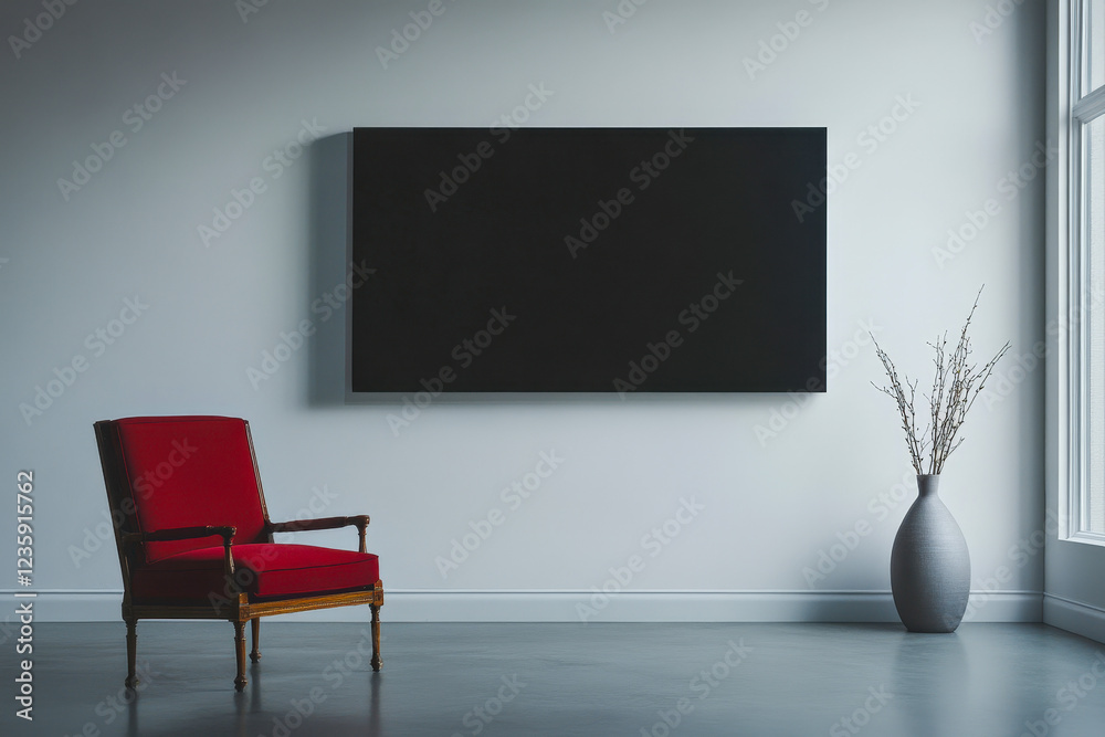 modern minimalist interior with a large black screen mounted on a light gray wall. A red vintage armchair with wooden legs sits to the left, while a gray vase with dry branches modern minimalist interior with a large black screen mounted on a light gray wall. A red vintage armchair with wooden legs sits to the left, while a gray vase with dry branches