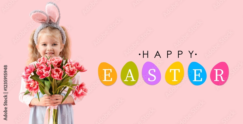 Cute little girl with bunny ears and flowers on pink background. Greeting Easter banner Cute little girl with bunny ears and flowers on pink background. Greeting Easter banner