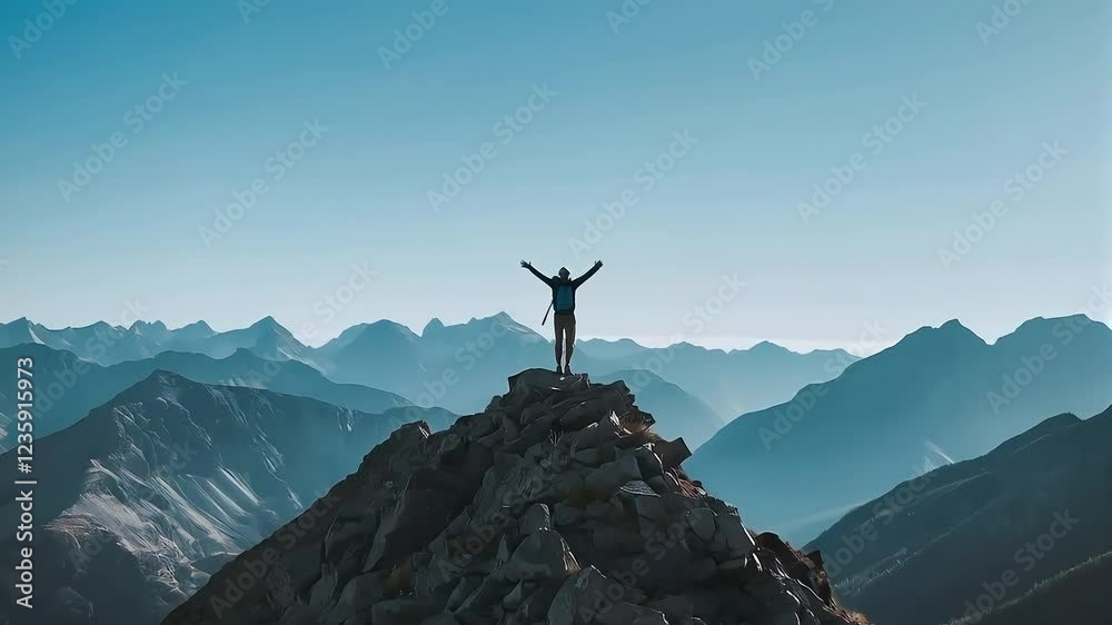 A hiker celebrates reaching a mountain peak with arms raised against a scenic backdrop