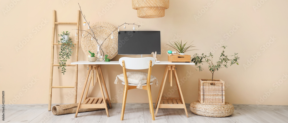 Obraz premium Workplace with computer and Easter decor near beige wall in office