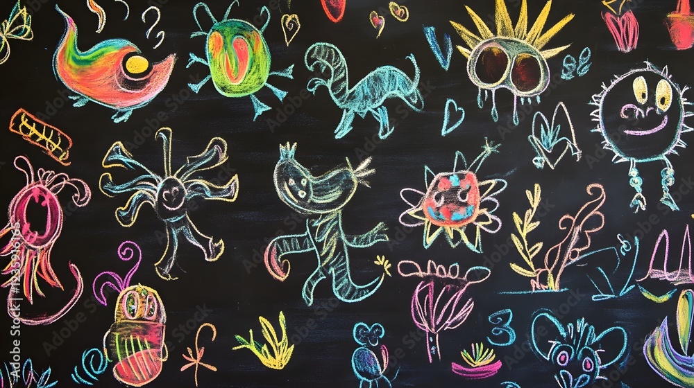 Naklejka premium Vibrant and Whimsical Doodle Style with Playful Characters Shapes and Symbols on a Chalkboard Background Creative Imaginative and Expressive Abstract Artwork