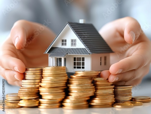 Businesswoman protecting a miniature house standing on a pile of coins representing savings, investment, or insurance