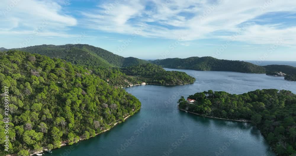 Aerial View Of Calm Lake Wit Dense Forest On Islands In Mljet, Dalmatia, Croatia Aerial View Of Calm Lake Wit Dense Forest On Islands In Mljet, Dalmatia, Croatia