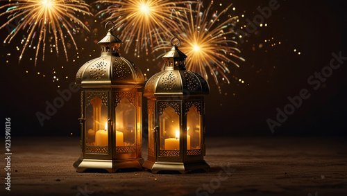 Gold colored lanterns with fireworks celebrating Ramadan