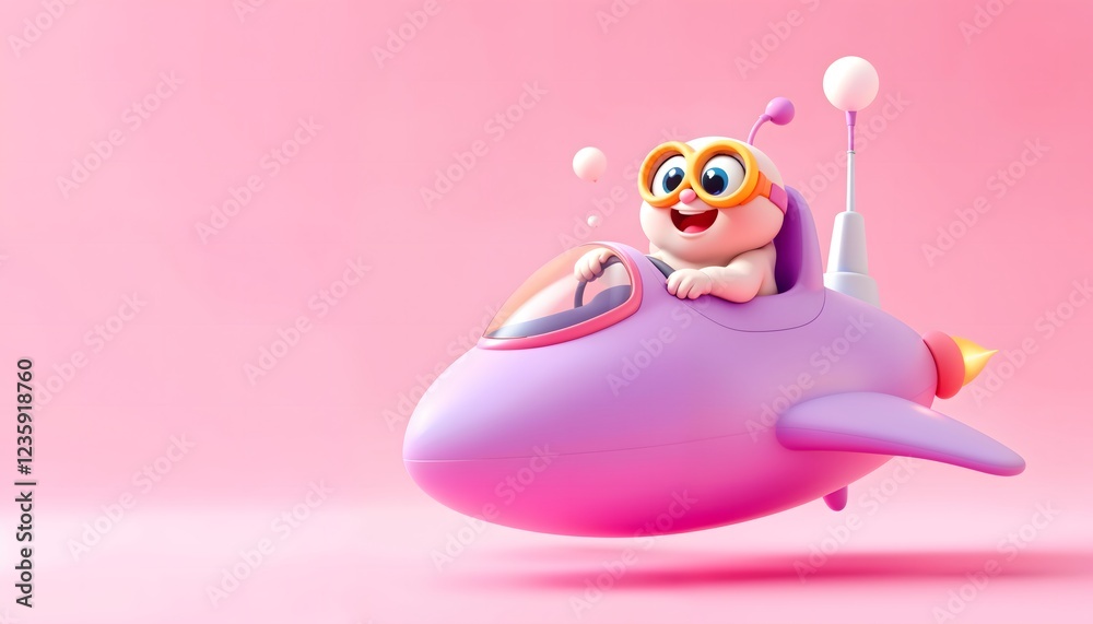 Naklejka premium Cute Baby in Pink Spaceship 3d Render