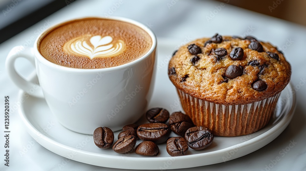 A cozy coffee shop scene featuring a latte art cup, chocolate chip muffin, and coffee beans A cozy coffee shop scene featuring a latte art cup, chocolate chip muffin, and coffee beans