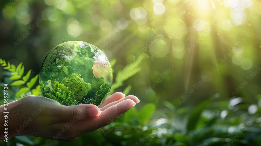 Hand Holding Globe Amidst Lush Greenery and Sunlight Hand Holding Globe Amidst Lush Greenery and Sunlight