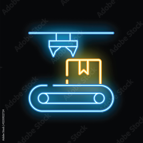 Neon sign representing a robotic arm moving a cardboard box on a conveyor belt, perfect illustration for automation