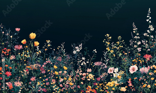 Vibrant floral display garden digital artwork nighttime close-up nature's beauty in full bloom