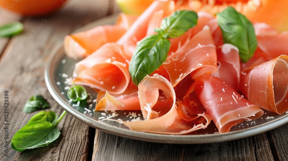Elegant Platter of Prosciutto with Fresh Basil and Parmesan Shavings Elegant Platter of Prosciutto with Fresh Basil and Parmesan Shavings