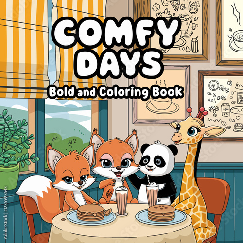 cute coloring book cover, cover, cute kids illustration, cartoon cover, cartoon illustration, kawaii coloring, easy and bold, kawaii cover, cozy, cozy cover, fuzzy, hygge, coloring pages, adult colori