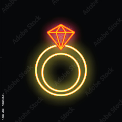 Neon sign of a ring with a big diamond on top glowing in the dark