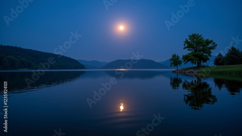 Serene Night Landscape Moonlit Lake Trees and Mountain Reflections
