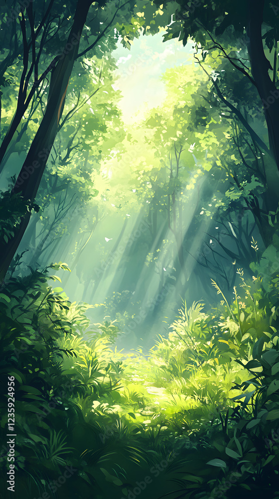 Fototapeta premium A serene forest background with sunlight filtering through the trees, perfect for nature themes.