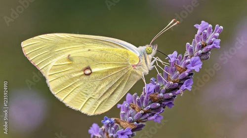 Pale butterfly feeding on lavender, garden, blurred background, nature imagery