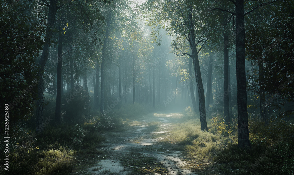 Fototapeta premium Mysterious light filtering through trees enchanted forest nature photography tranquil environment ground level view serenity