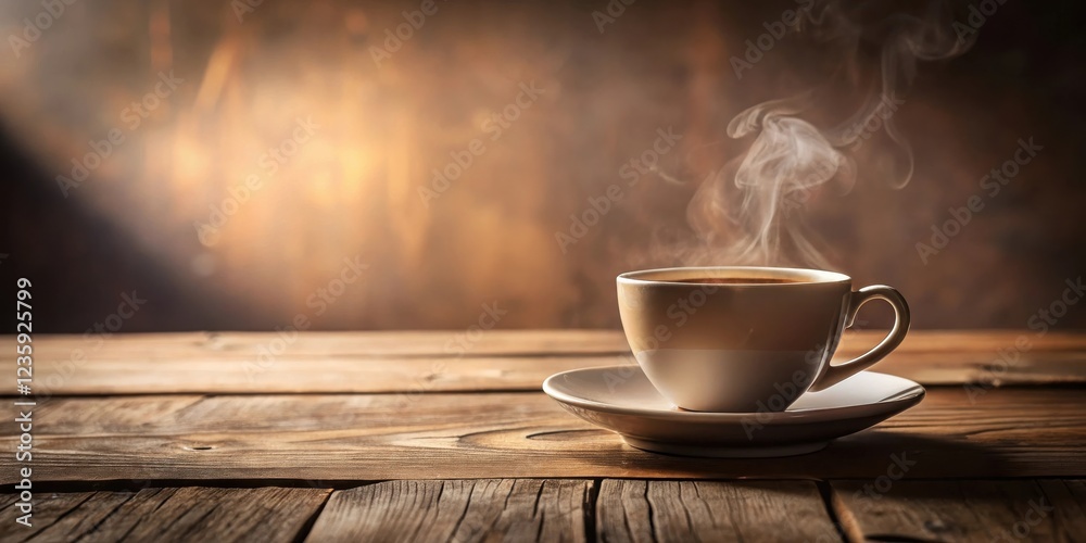 A steaming cup of coffee on a rustic wooden table with a warm, blurred background A steaming cup of coffee on a rustic wooden table with a warm, blurred background
