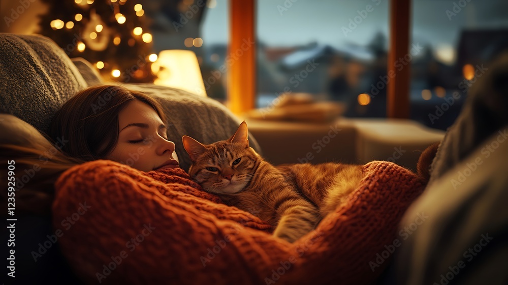 Woman sleeps peacefully on couch with orange cat, cozy Christmas lights in background. Woman sleeps peacefully on couch with orange cat, cozy Christmas lights in background.