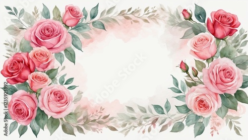 Watercolor Floral Frame with Pink Roses and Green Leaves
