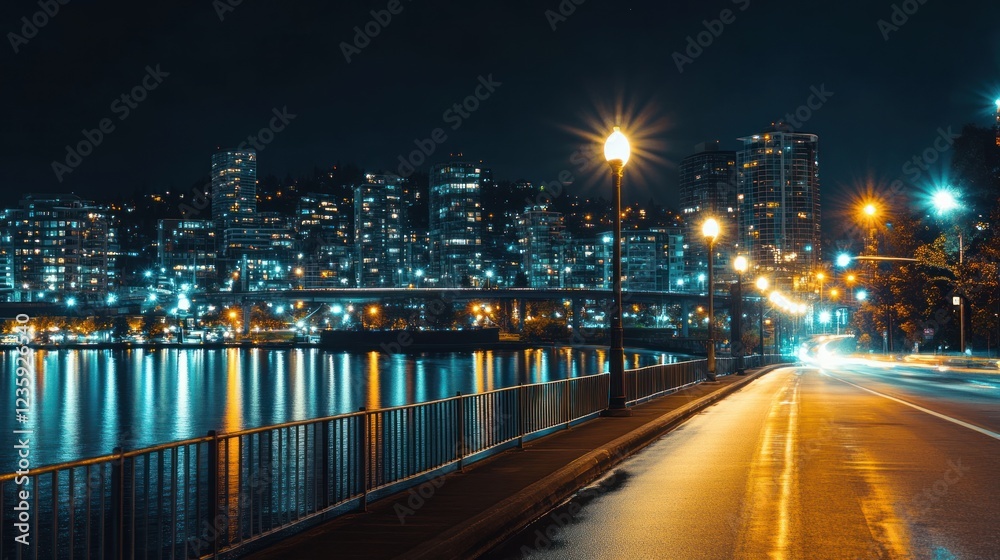 Fototapeta premium Night city waterfront road lightscape