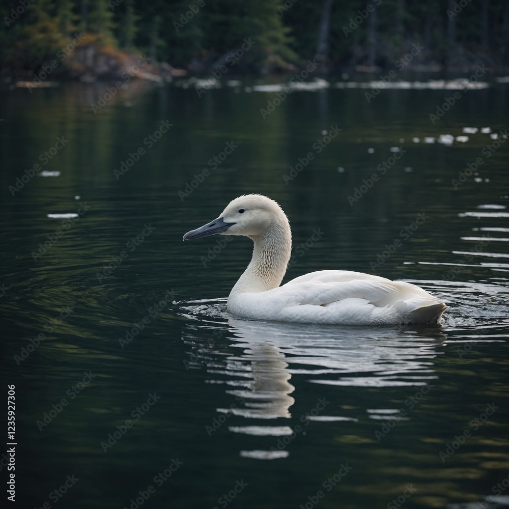 Fototapeta premium A glistening white loon floating in a still mountain lake.