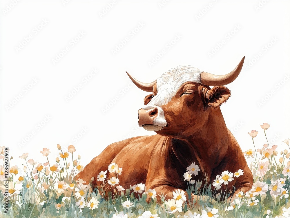 Calm bull resting in pastel flower field minimalist watercolor painting serene nature scene Calm bull resting in pastel flower field minimalist watercolor painting serene nature scene