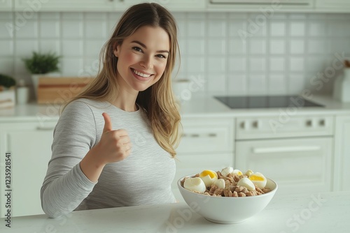 A woman happily enjoying a bowl of high-protein foods in her kitchen, embracing a low-carbohydrate diet for effective weight loss and healthy living.