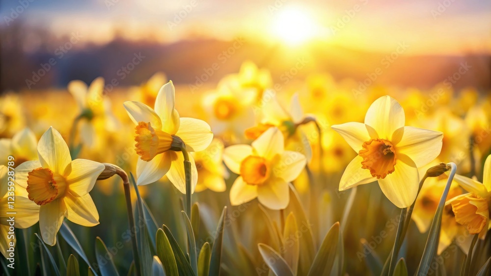 A Field of Bright Yellow Daffodils Bathed in the Golden Light of a Setting Sun A Field of Bright Yellow Daffodils Bathed in the Golden Light of a Setting Sun