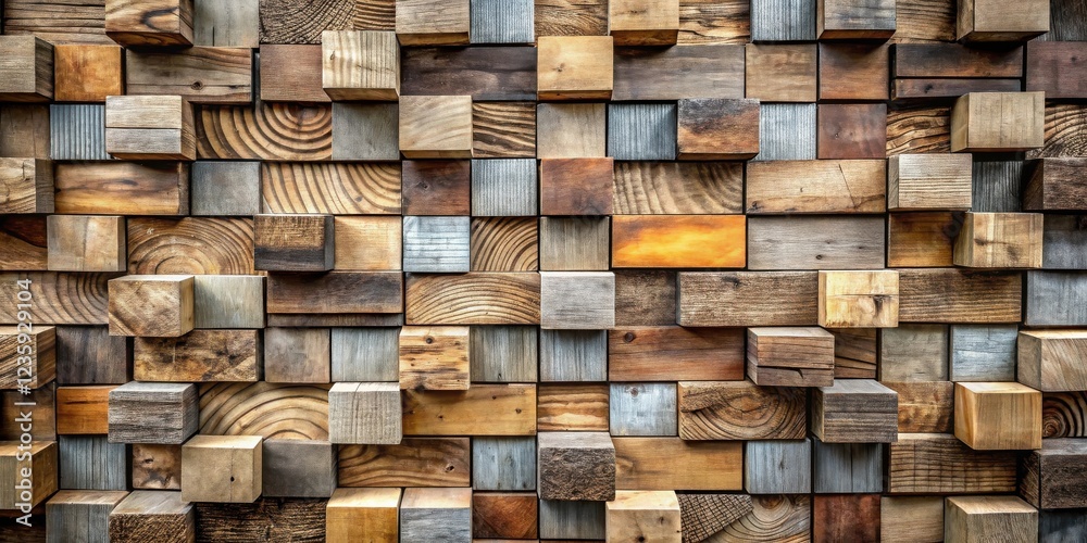 A wall composed of numerous reclaimed wooden blocks of varying sizes and textures, showcasing the natural beauty and unique character of each piece of wood. A wall composed of numerous reclaimed wooden blocks of varying sizes and textures, showcasing the natural beauty and unique character of each piece of wood.