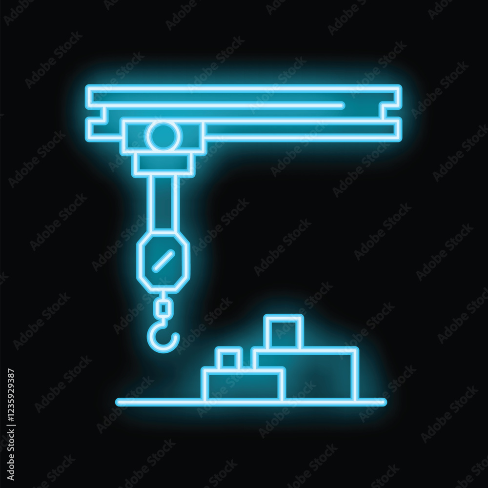 Neon blue icon of an overhead crane lifting goods on black background Neon blue icon of an overhead crane lifting goods on black background